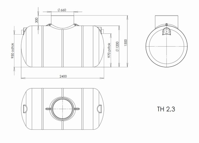 Výkres horizontální podzemní ROTO nádrže typu TH o objemu 2,3m3