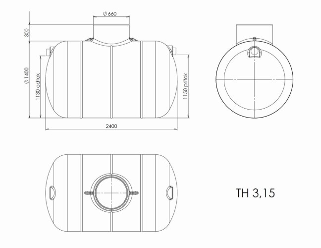Výkres horizontální podzemní ROTO nádrže typu TH o objemu 3,15m3